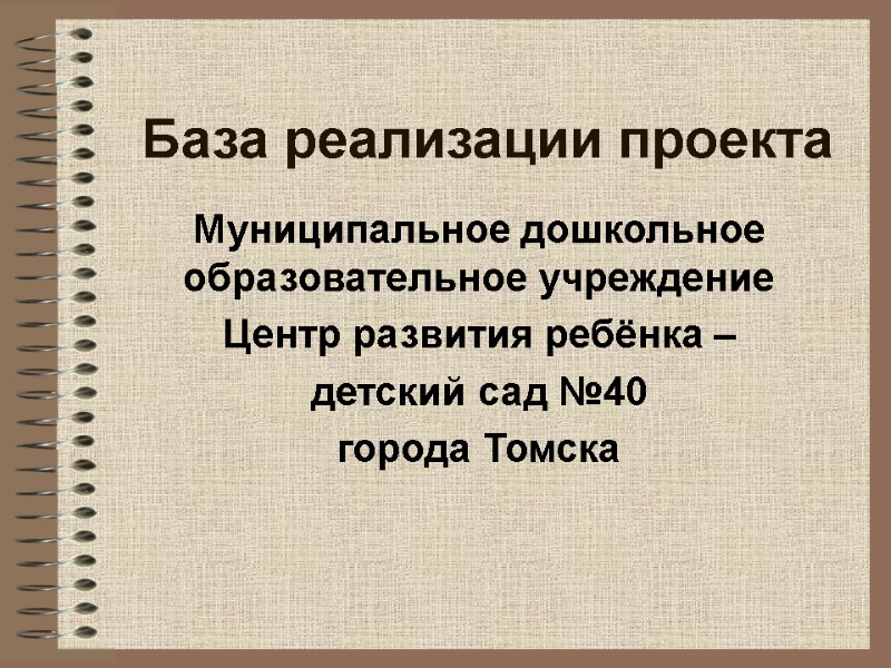 База реализации проекта Муниципальное дошкольное образовательное учреждение Центр развития ребёнка –  детский сад